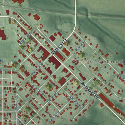 Close-up of the map of Walkerton, Indiana print showing street and building detail