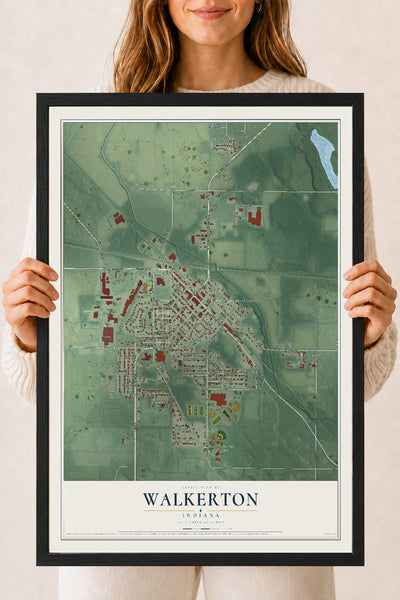 Map of Walkerton, Indiana, 18 x 24 inch print in a black wood frame