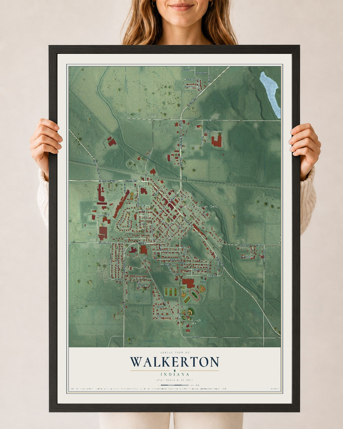 Map of Walkerton, Indiana, 24 x 36 inch print in a black wood frame