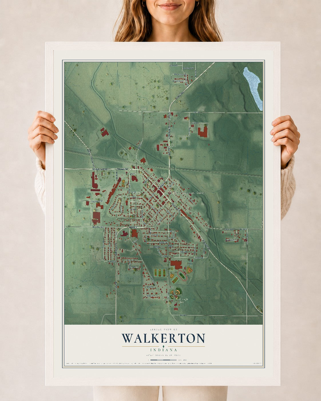 Map of Walkerton, Indiana, 24 x 36 inch print in a white wood frame