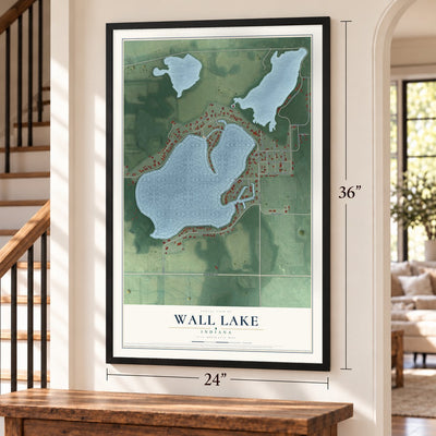Wall Lake, Indiana map, 24 x 36 inch print in a black frame by a staircase