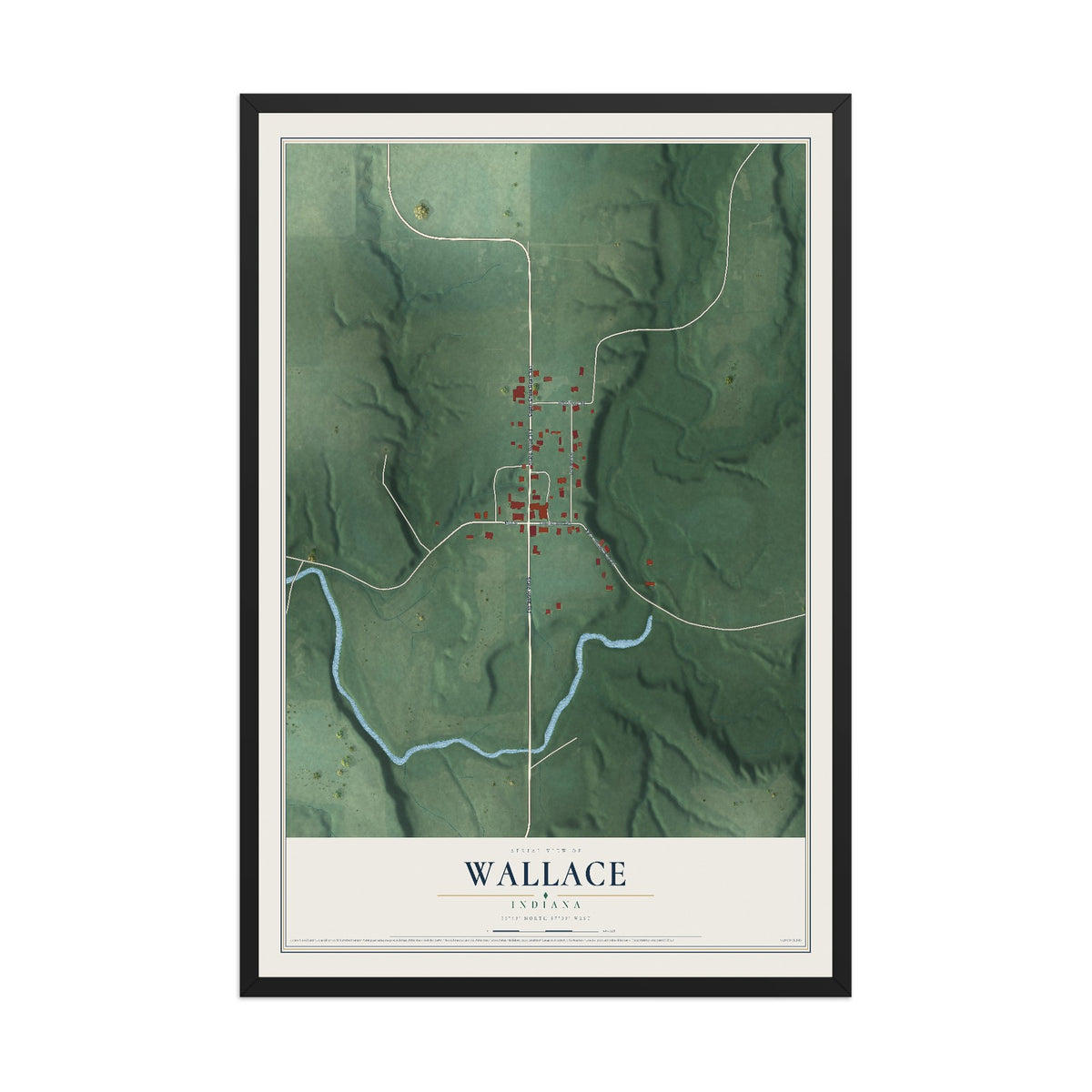 Map of Wallace, Indiana, 12 x 18 inch print in a black wood frame