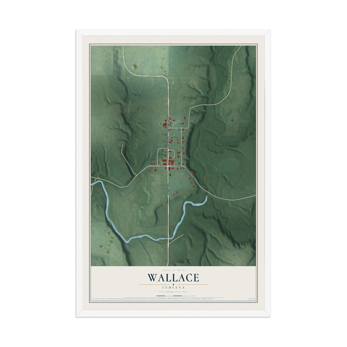 Map of Wallace, Indiana, 12 x 18 inch print in a white wood frame