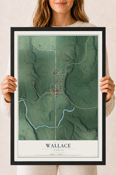Map of Wallace, Indiana, 18 x 24 inch print in a black wood frame