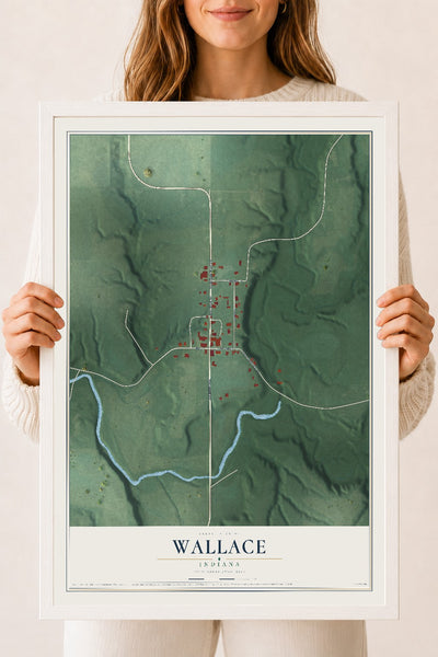 Map of Wallace, Indiana, 18 x 24 inch print in a white wood frame