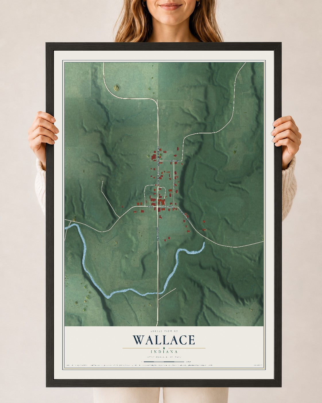 Map of Wallace, Indiana, 24 x 36 inch print in a black wood frame