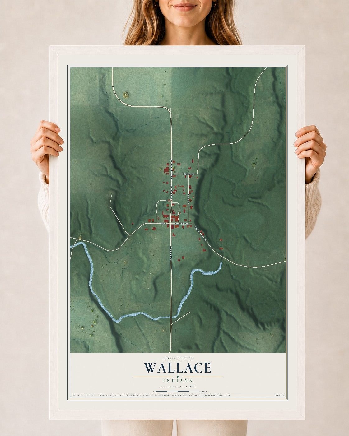 Map of Wallace, Indiana, 24 x 36 inch print in a white wood frame