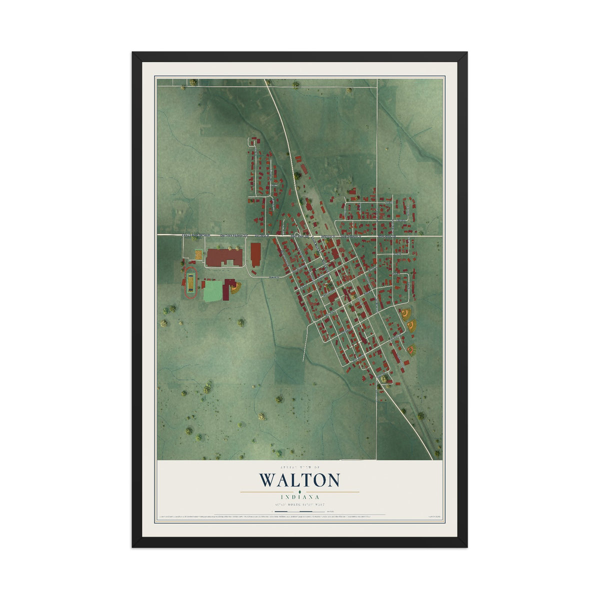 Map of Walton, Indiana, 12 x 18 inch print in a black wood frame