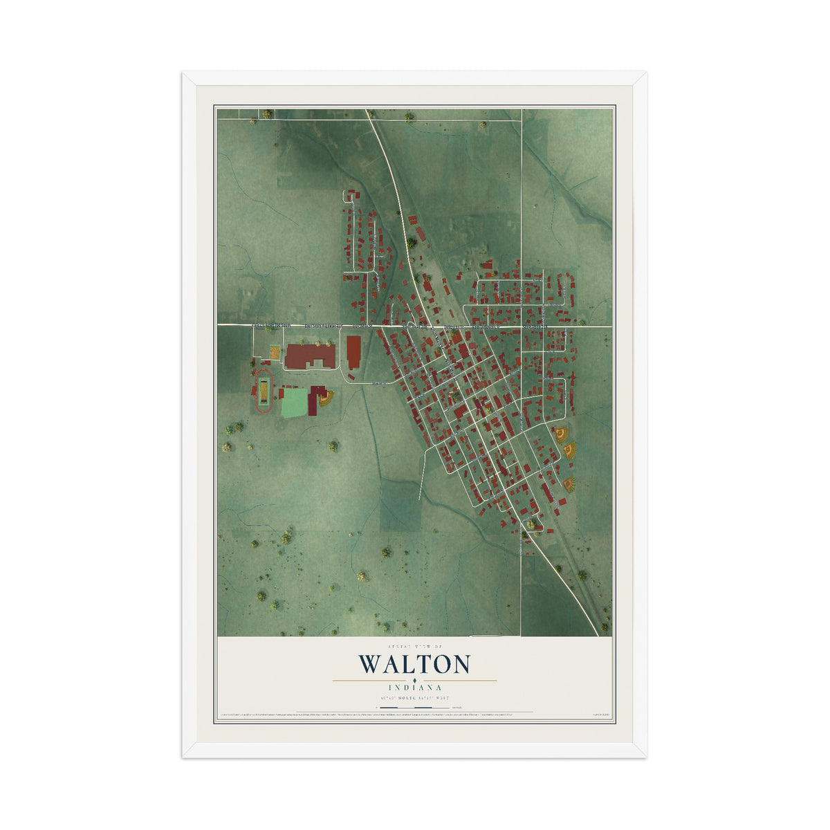 Map of Walton, Indiana, 12 x 18 inch print in a white wood frame