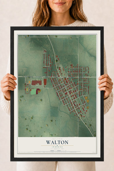 Map of Walton, Indiana, 18 x 24 inch print in a black wood frame