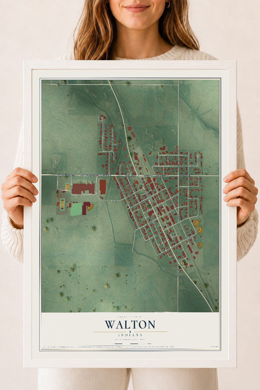 Map of Walton, Indiana, 18 x 24 inch print in a white wood frame