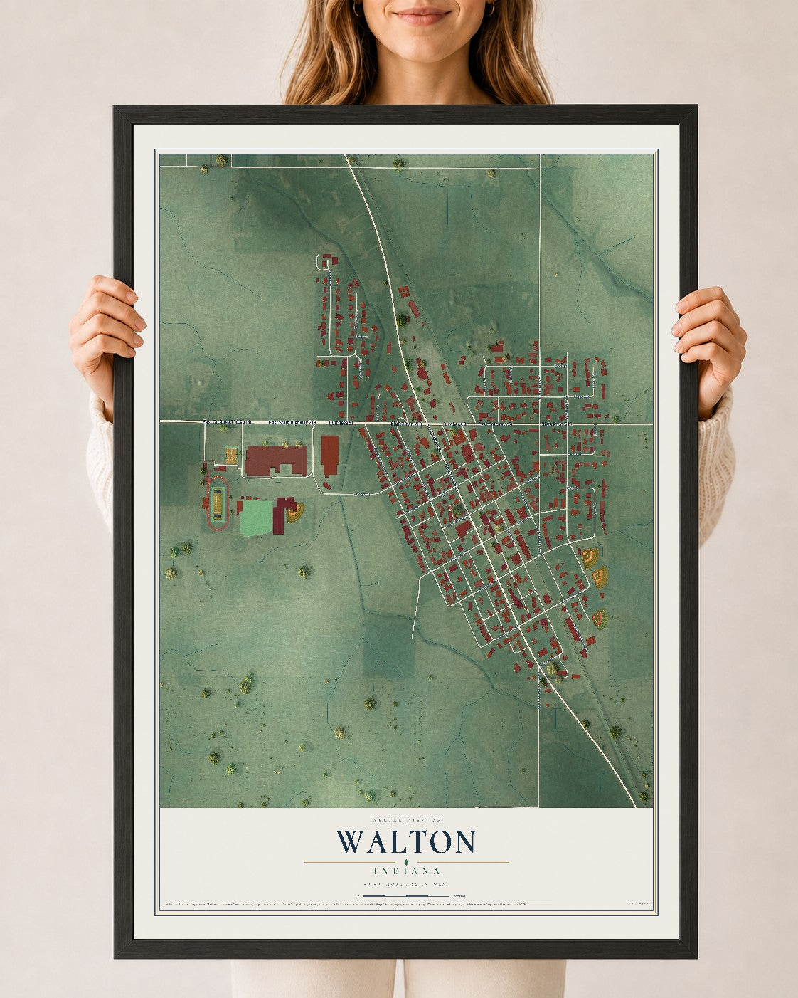 Map of Walton, Indiana, 24 x 36 inch print in a black wood frame