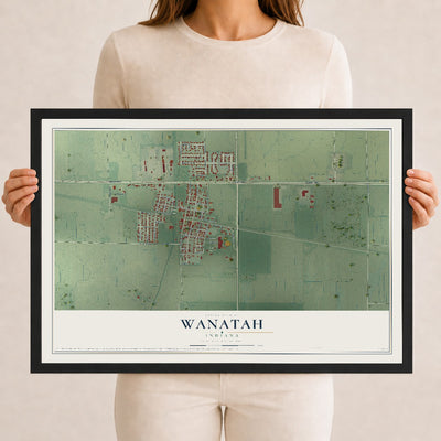 Map of Wanatah, Indiana, 12 x 18 inch print in a black wood frame