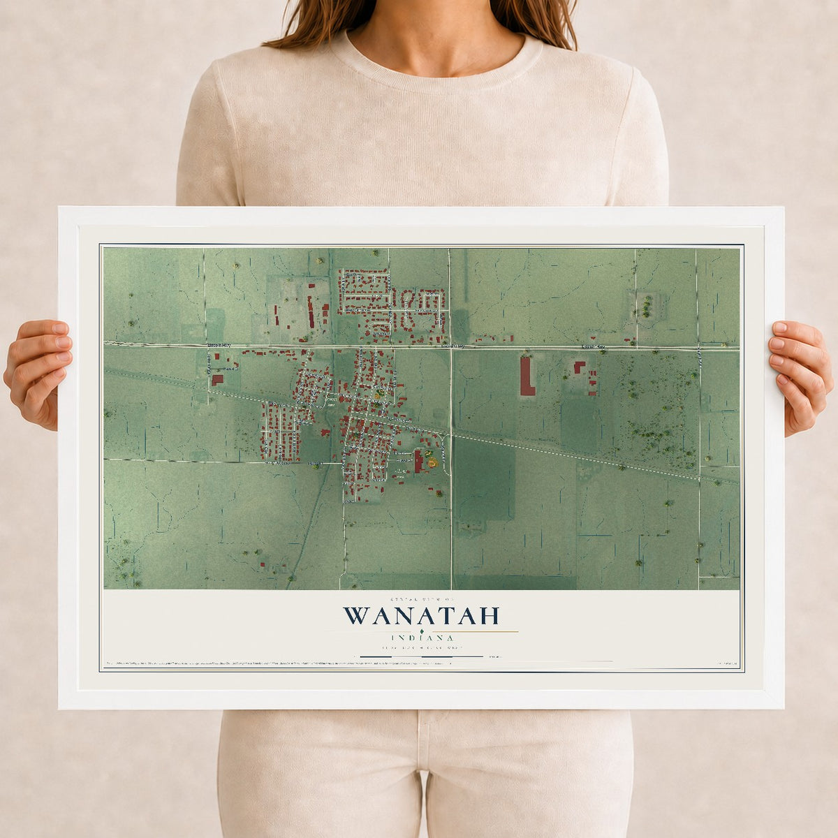 Map of Wanatah, Indiana, 12 x 18 inch print in a white wood frame
