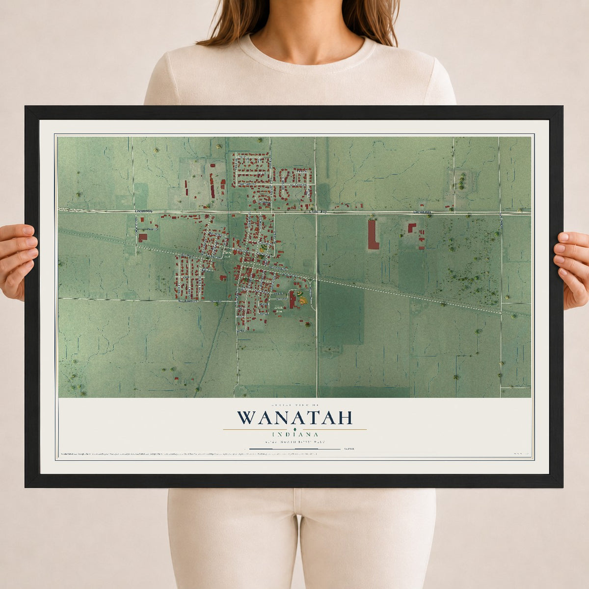 Map of Wanatah, Indiana, 18 x 24 inch print in a black wood frame