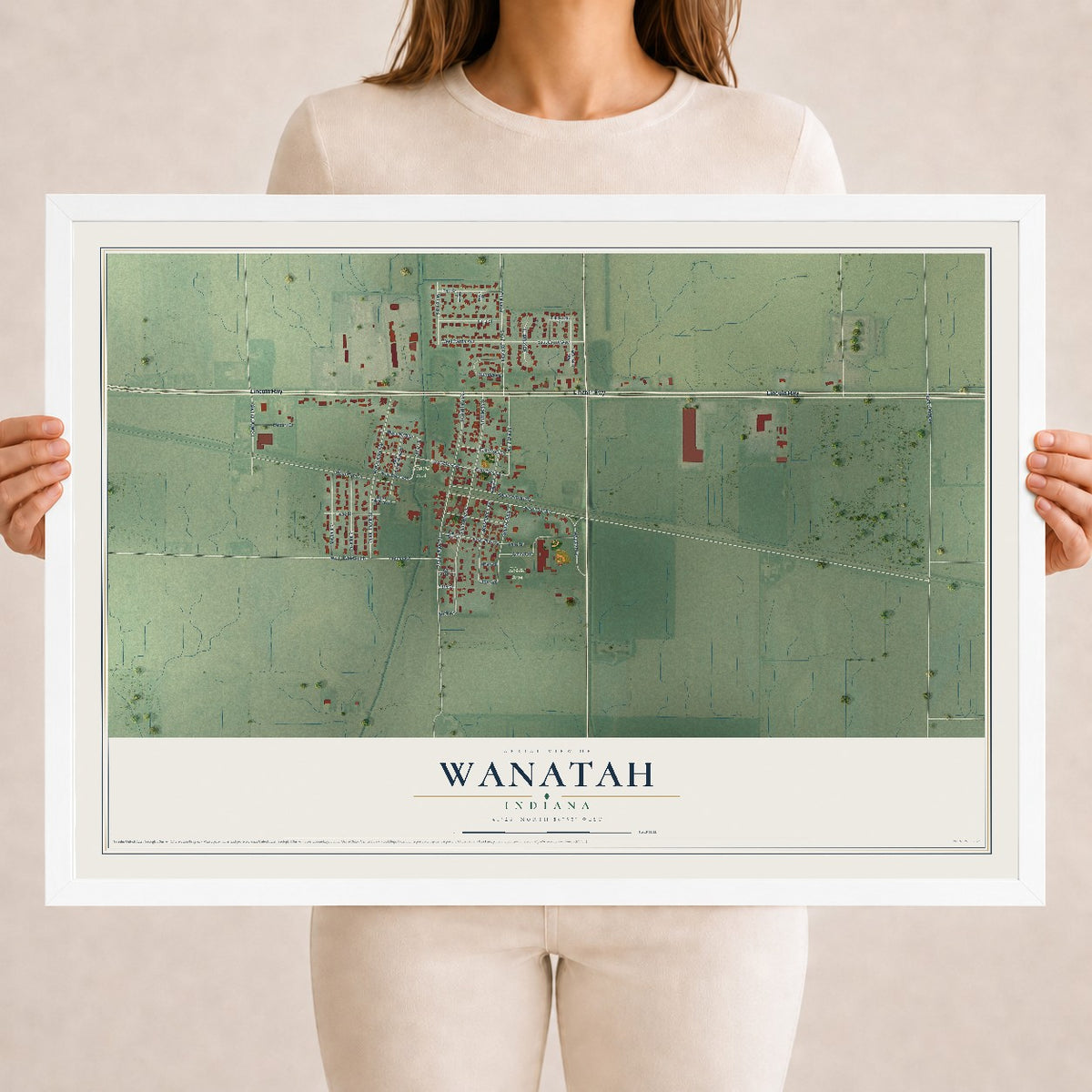 Map of Wanatah, Indiana, 18 x 24 inch print in a white wood frame