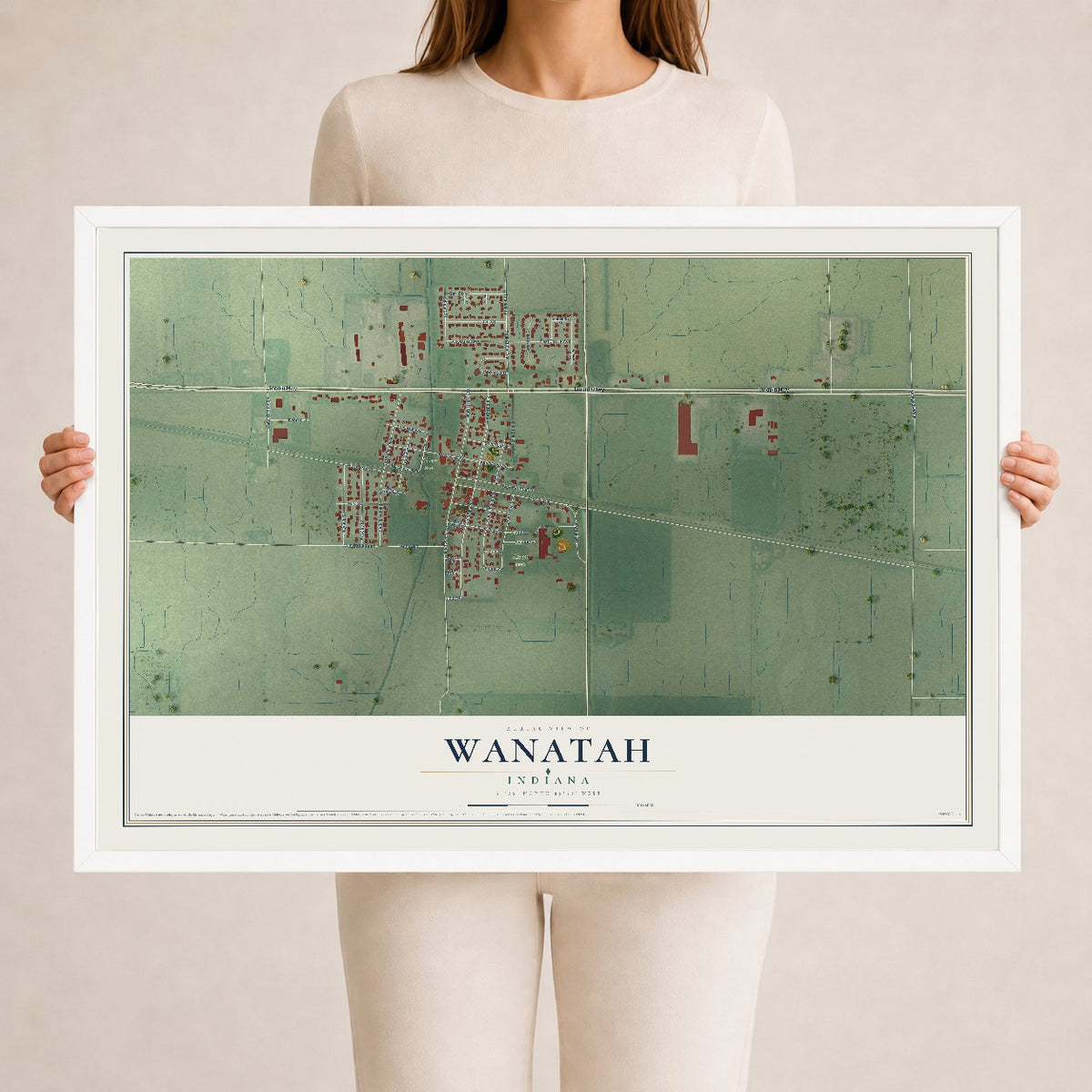 Map of Wanatah, Indiana, 24 x 36 inch print in a white wood frame
