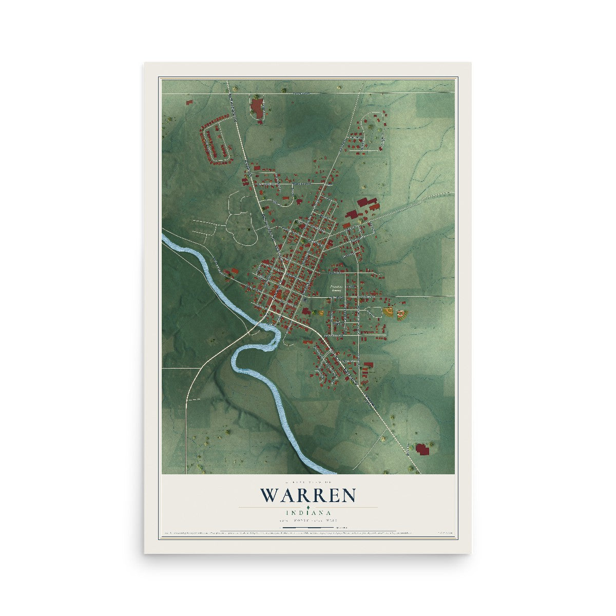 Map of Warren, Indiana, 12 x 18 inch unframed archival matte print