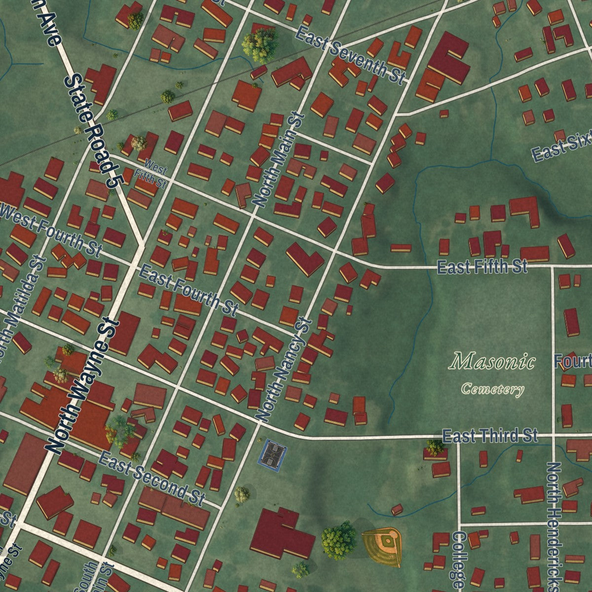 Close-up of the map of Warren, Indiana print showing street and building detail