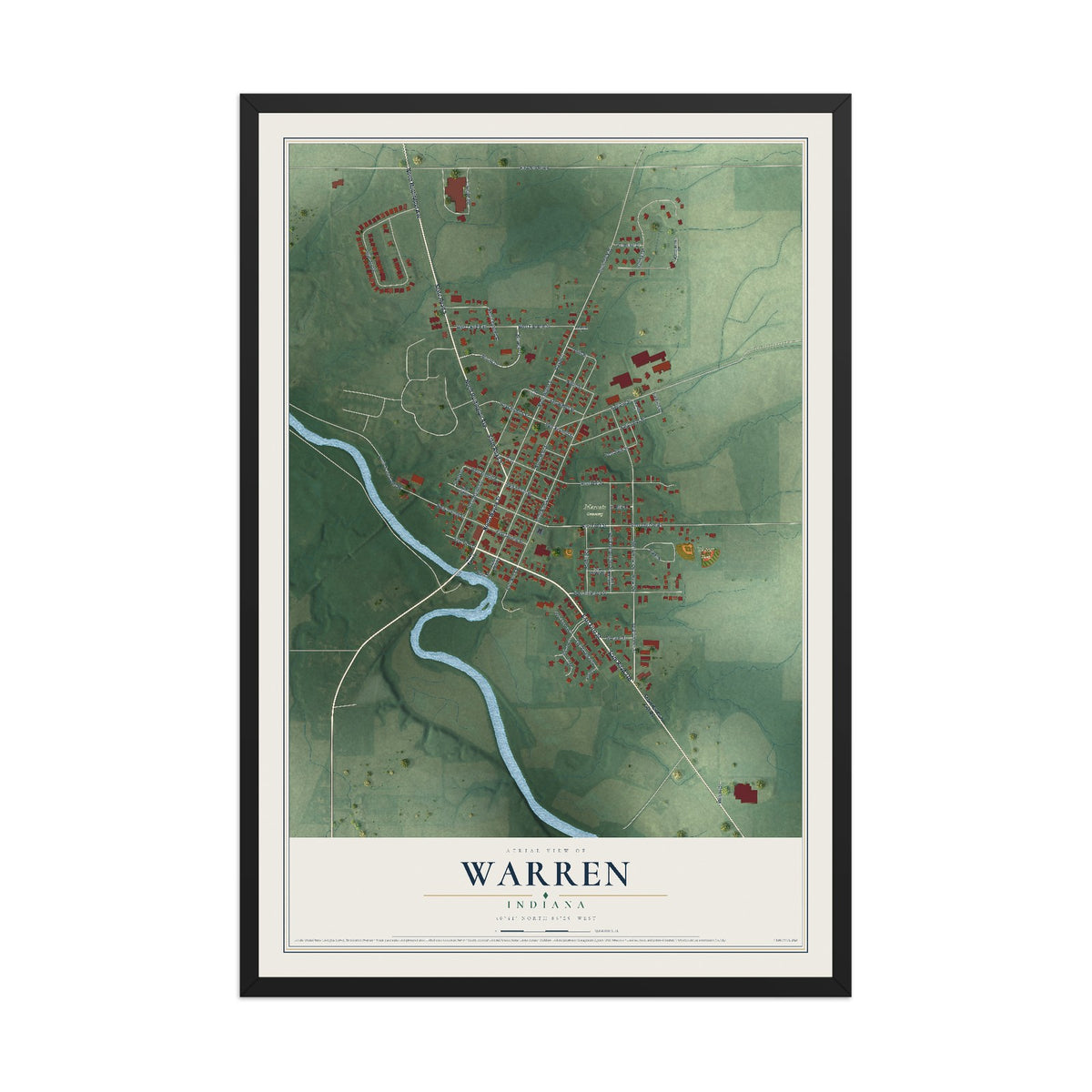 Map of Warren, Indiana, 12 x 18 inch print in a black wood frame