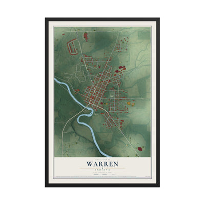 Map of Warren, Indiana, 12 x 18 inch print in a black wood frame