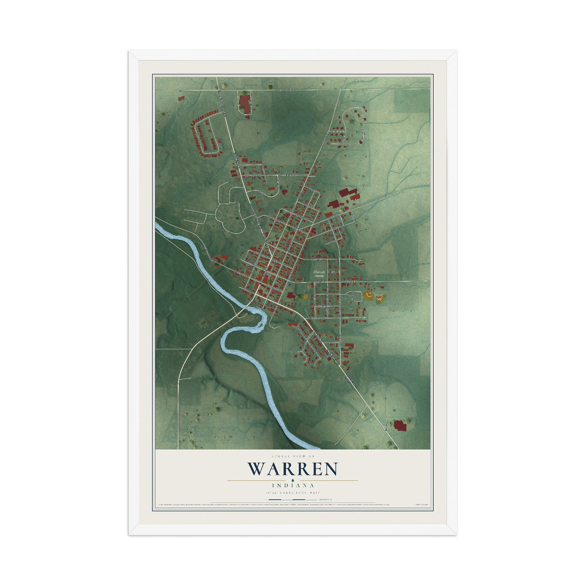 Map of Warren, Indiana, 12 x 18 inch print in a white wood frame
