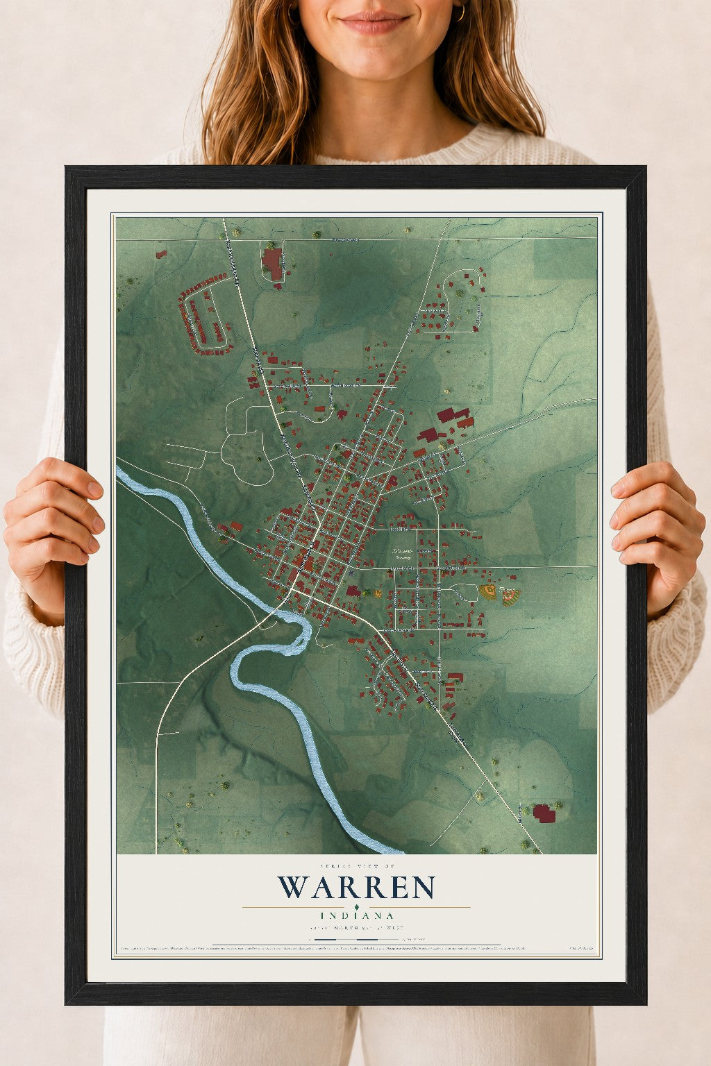 Map of Warren, Indiana, 18 x 24 inch print in a black wood frame