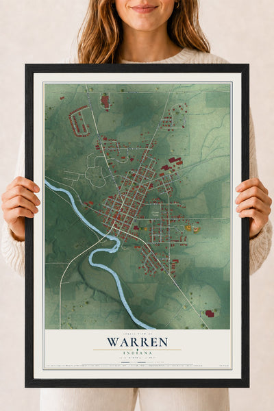Map of Warren, Indiana, 18 x 24 inch print in a black wood frame