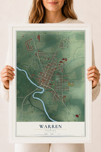 Map of Warren, Indiana, 18 x 24 inch print in a white wood frame