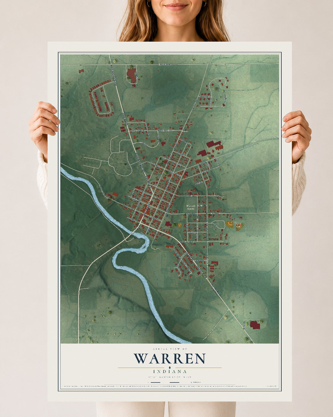 Map of Warren, Indiana, 24 x 36 inch unframed archival matte print
