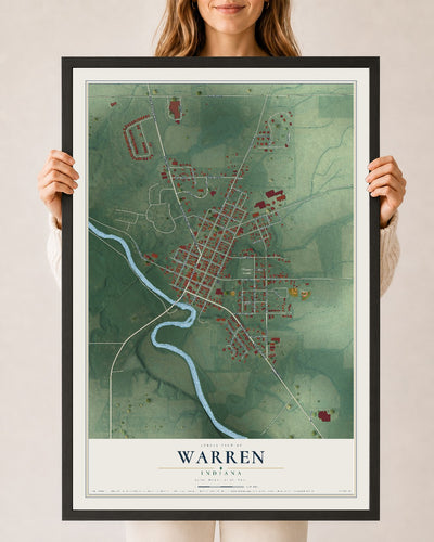 Map of Warren, Indiana, 24 x 36 inch print in a black wood frame