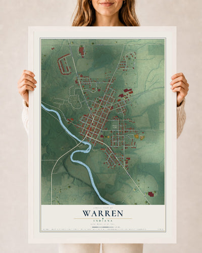 Map of Warren, Indiana, 24 x 36 inch print in a white wood frame