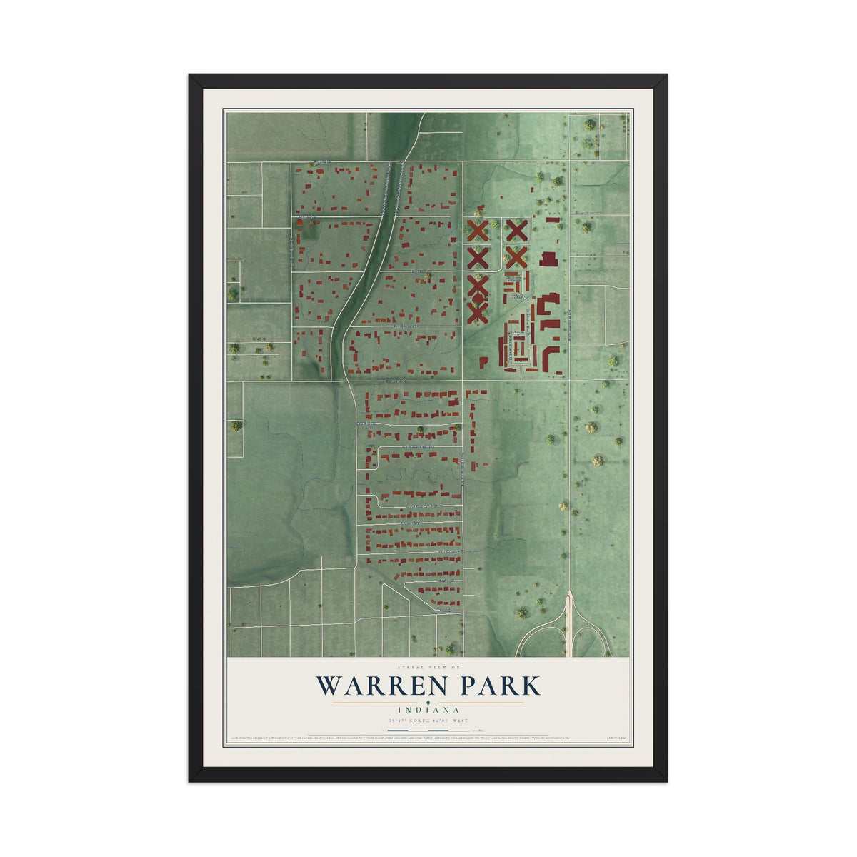 Map of Warren Park, Indiana, 12 x 18 inch print in a black wood frame
