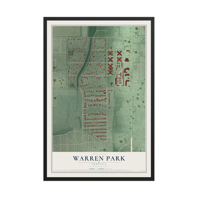 Map of Warren Park, Indiana, 12 x 18 inch print in a black wood frame