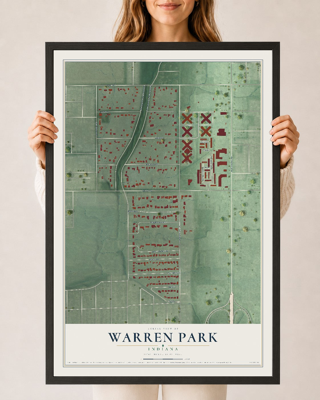 Map of Warren Park, Indiana, 24 x 36 inch print in a black wood frame