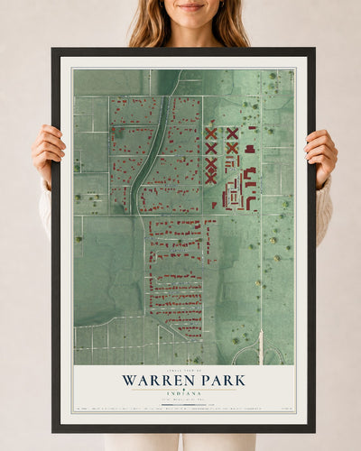 Map of Warren Park, Indiana, 24 x 36 inch print in a black wood frame