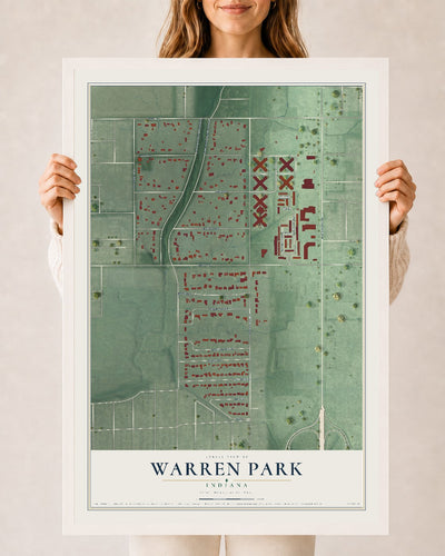 Map of Warren Park, Indiana, 24 x 36 inch print in a white wood frame