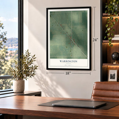 Warrington, Indiana map, 18 x 24 inch print in a black frame in a home office