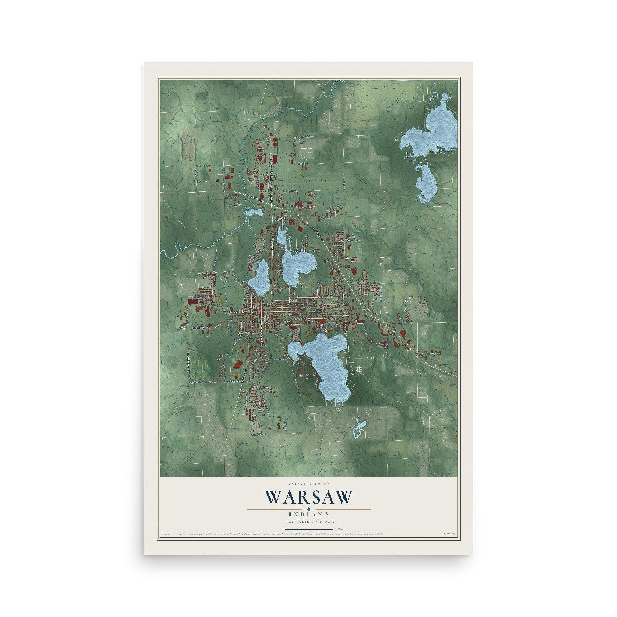 Map of Warsaw, Indiana, 12 x 18 inch unframed archival matte print