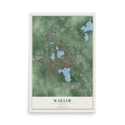 Map of Warsaw, Indiana, 12 x 18 inch unframed archival matte print