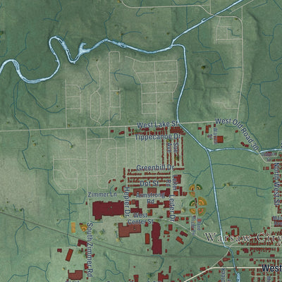 Second close-up of the map of Warsaw, Indiana print showing more streets and buildings