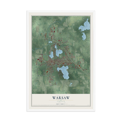 Map of Warsaw, Indiana, 12 x 18 inch print in a white wood frame