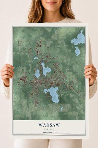 Map of Warsaw, Indiana, 18 x 24 inch unframed archival matte print