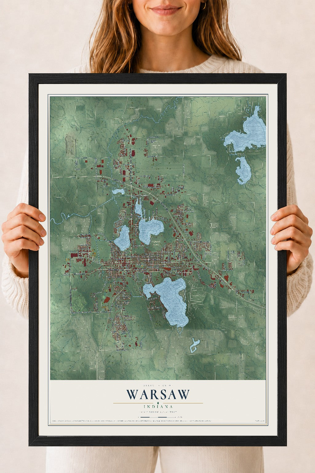 Map of Warsaw, Indiana, 18 x 24 inch print in a black wood frame