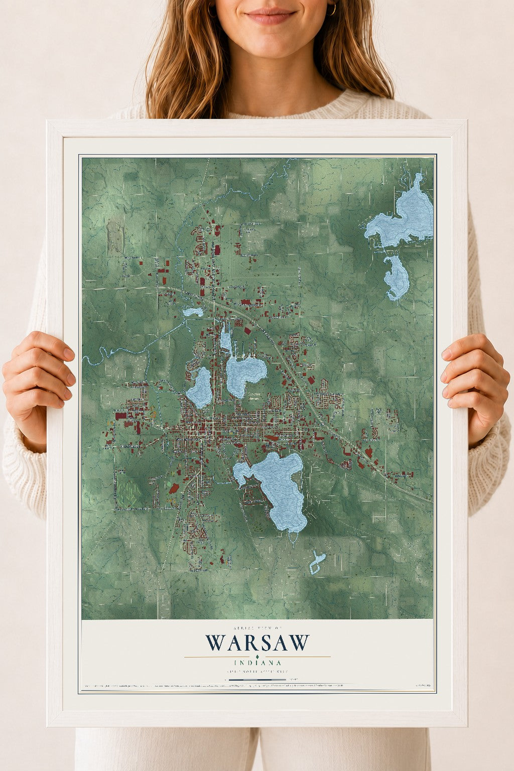 Map of Warsaw, Indiana, 18 x 24 inch print in a white wood frame