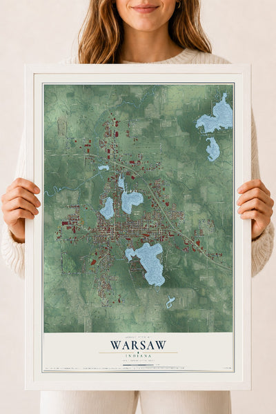 Map of Warsaw, Indiana, 18 x 24 inch print in a white wood frame
