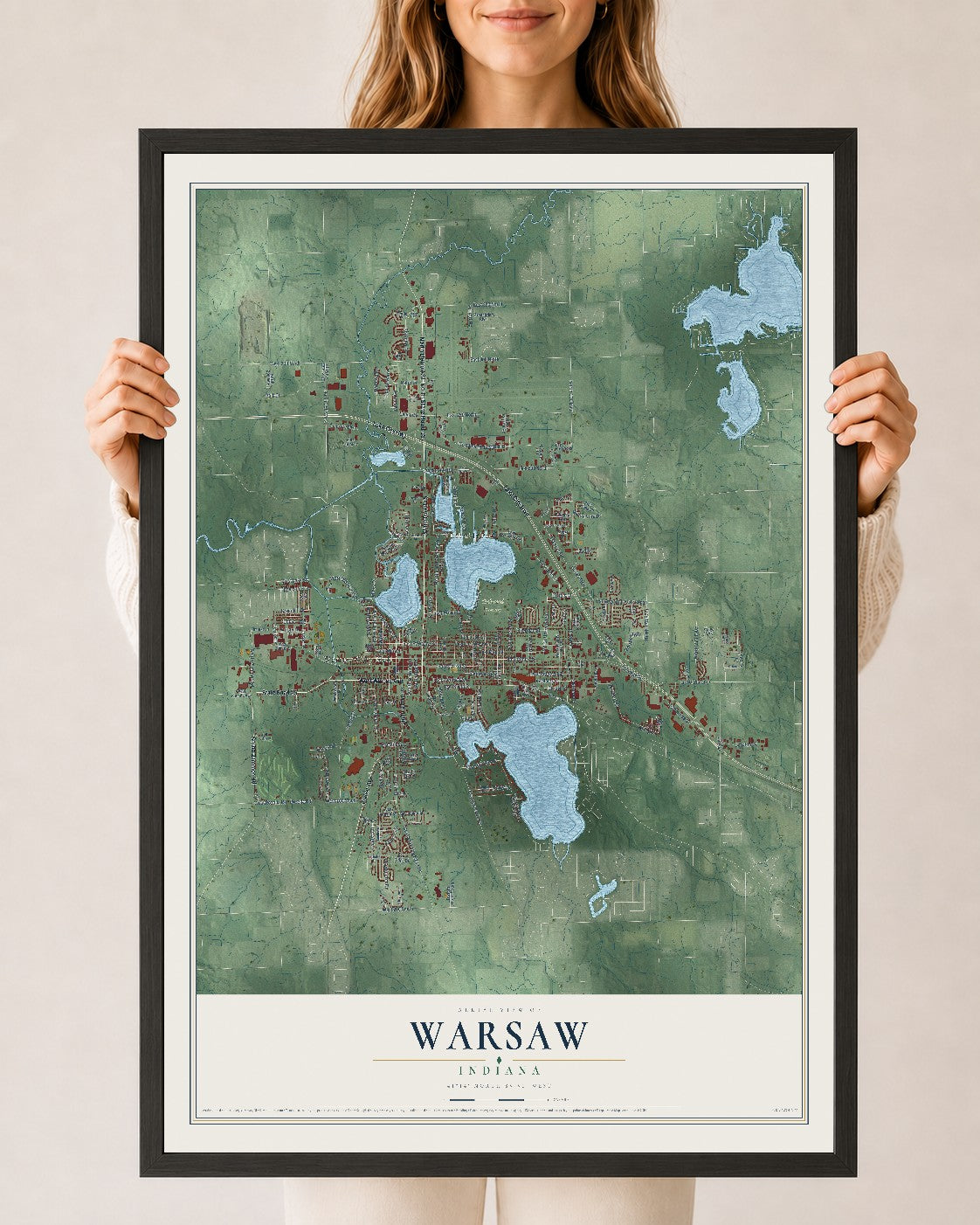 Map of Warsaw, Indiana, 24 x 36 inch print in a black wood frame