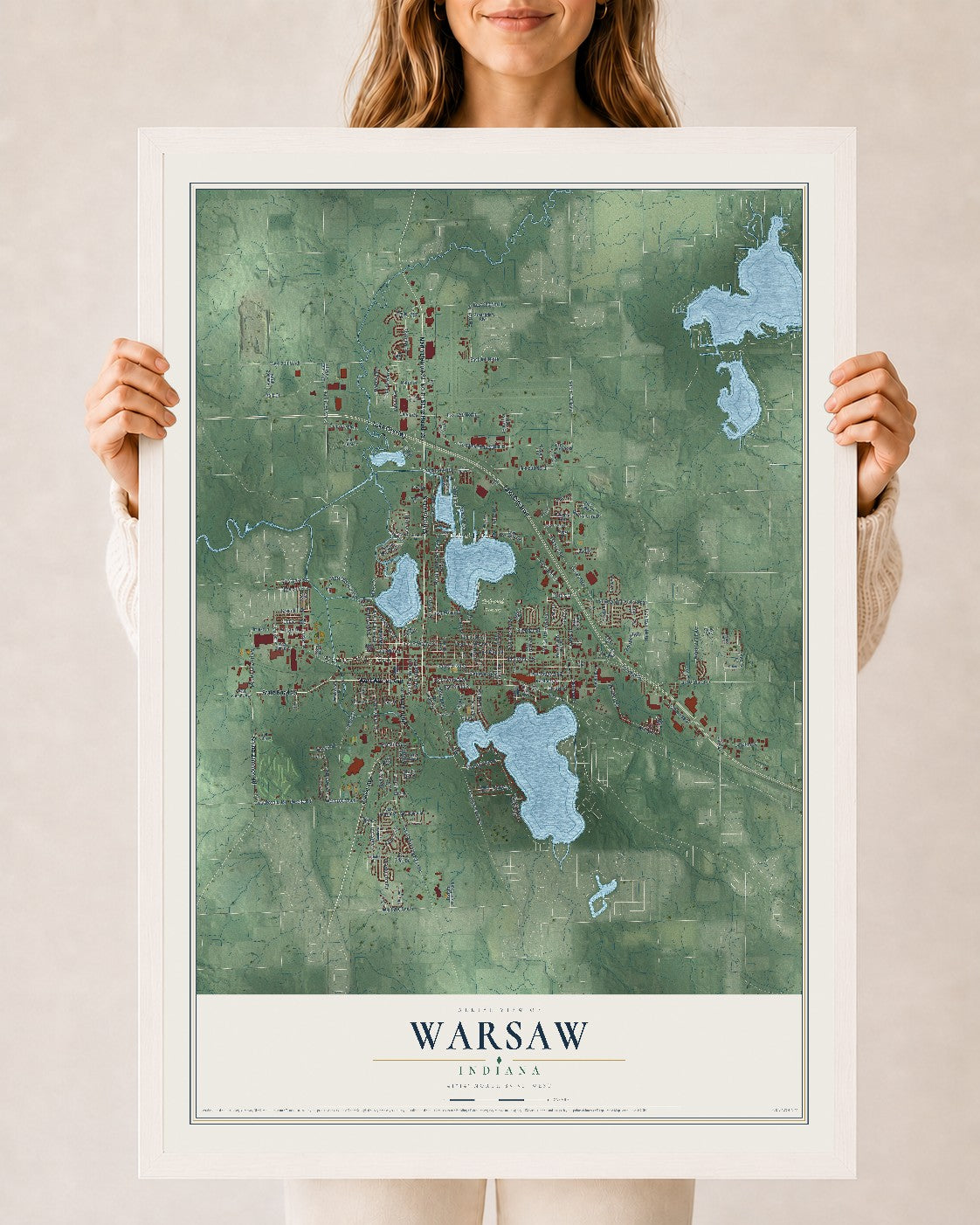 Map of Warsaw, Indiana, 24 x 36 inch print in a white wood frame