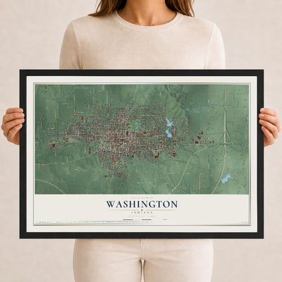 Map of Washington, Indiana, 12 x 18 inch print in a black wood frame