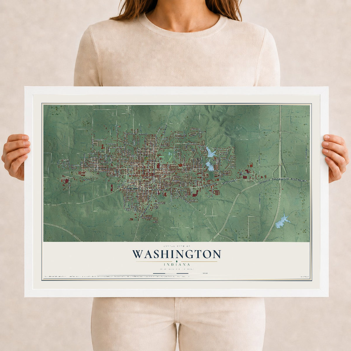 Map of Washington, Indiana, 12 x 18 inch print in a white wood frame